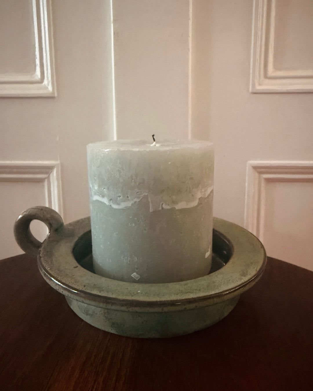 Vintage aardewerken kaarsenhouder groen – Ø 18 cm