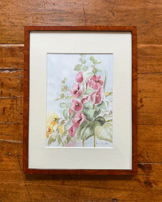 Aquarel van stokrozen – ingelijst in mahoniehouten lijst