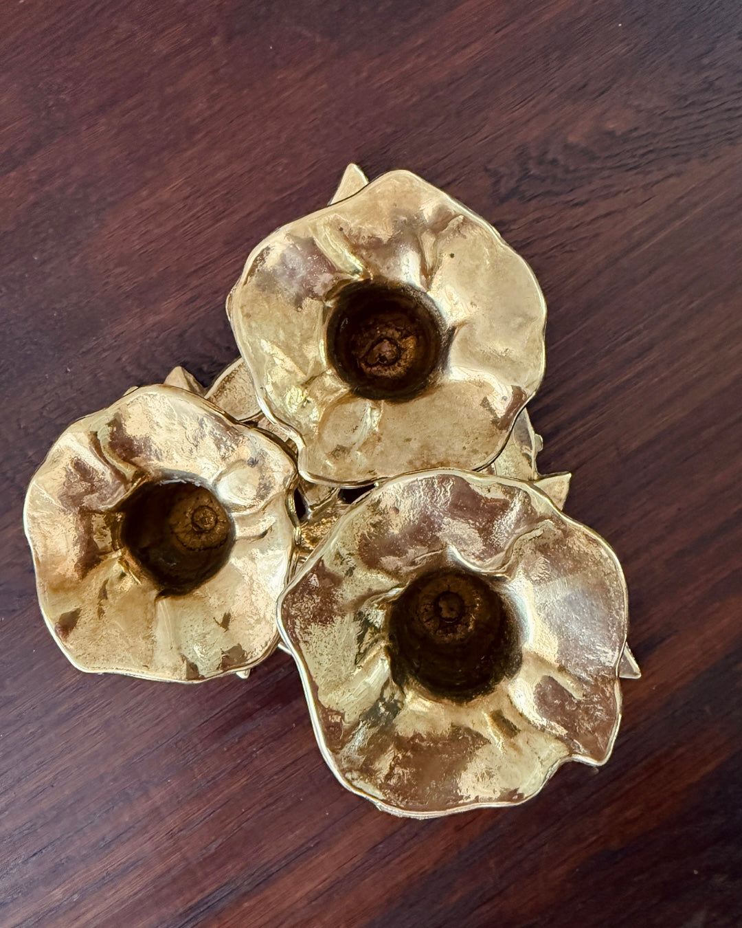 Vintage messing bloemenkandelaar voor 3 dinerkaarsen