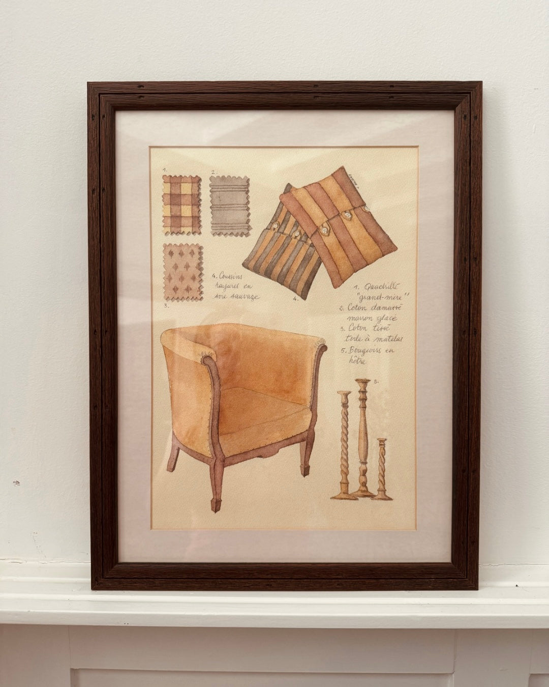 Franse interieurstudie - aquarel met fauteuil en stoffenstalen