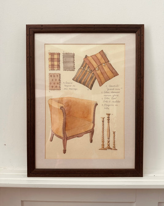 Franse interieurstudie - aquarel met fauteuil en stoffenstalen