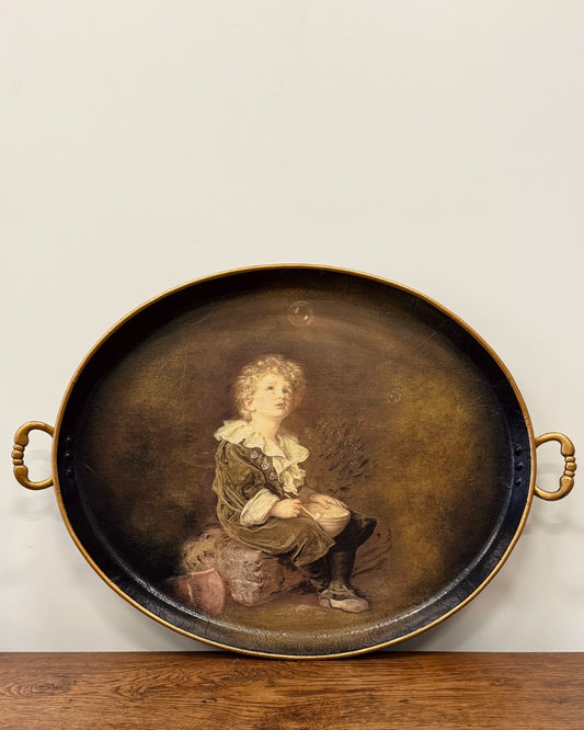 Antiek stijl ovaal dienblad met handgrepen – 62 cm