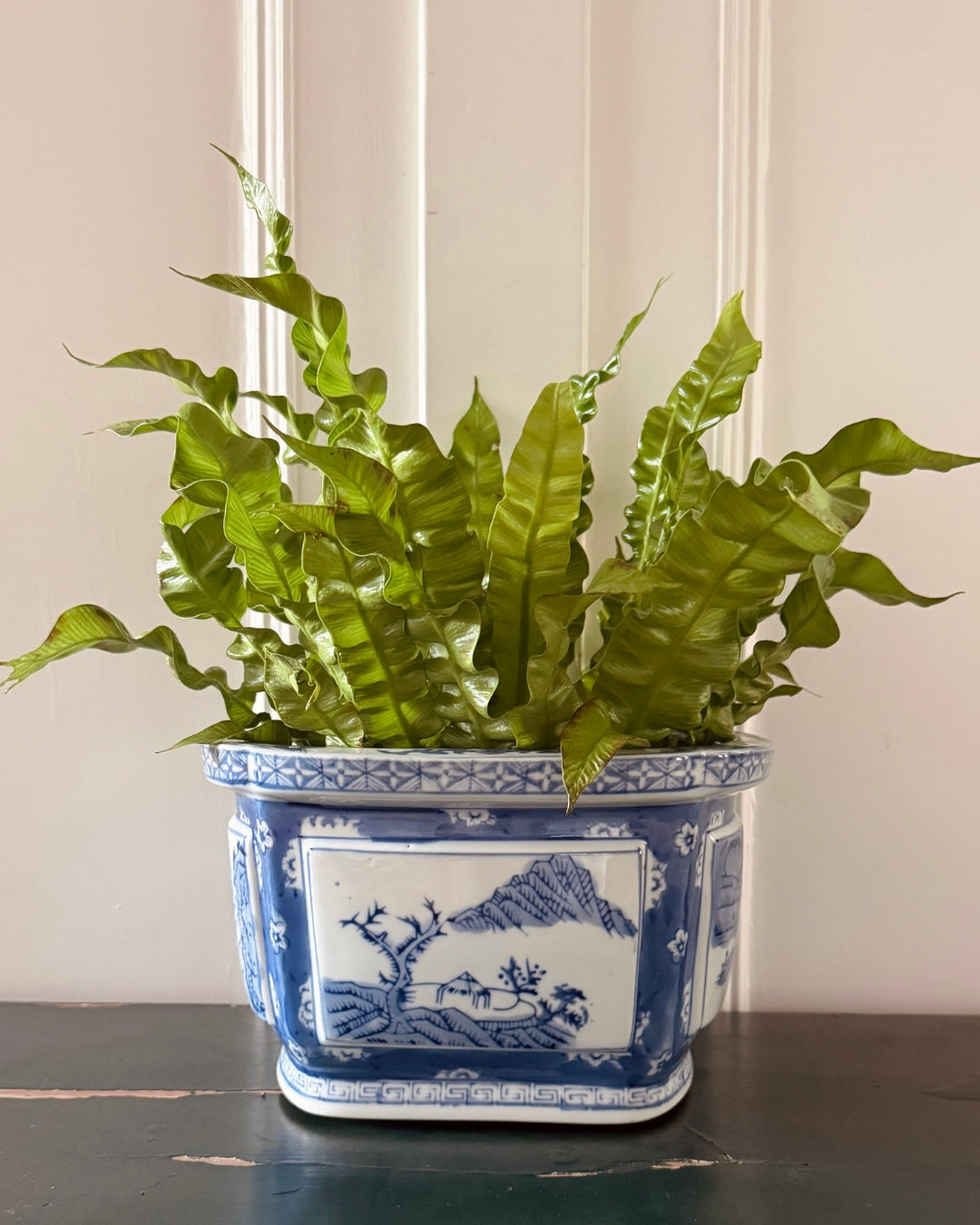 Chinese blauw-witte plantenpot met landschapdecor