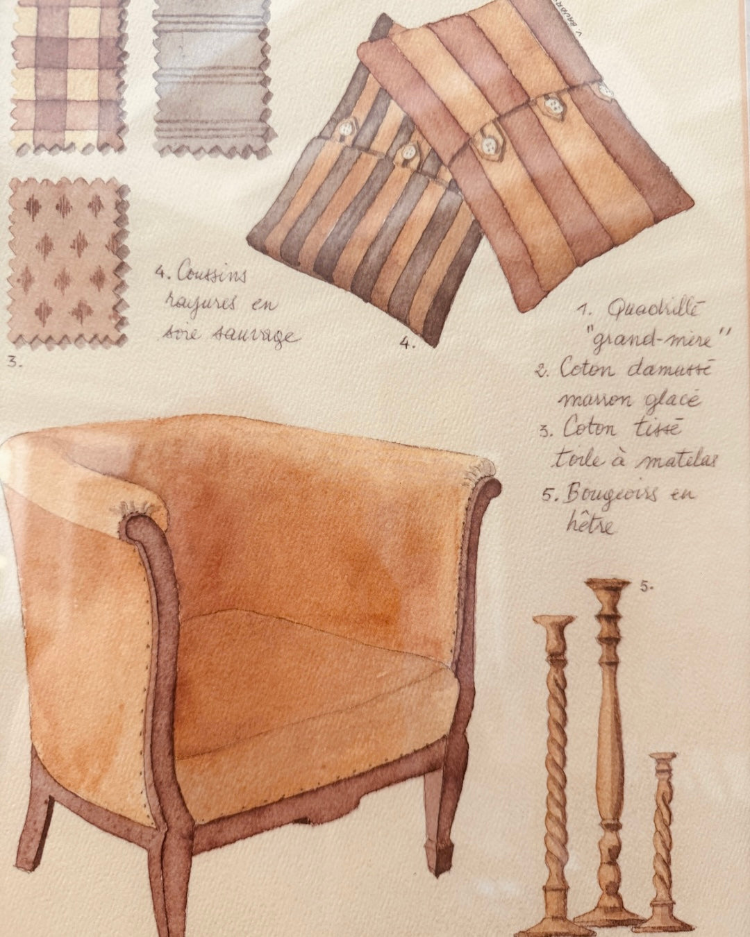 Franse interieurstudie - aquarel met fauteuil en stoffenstalen