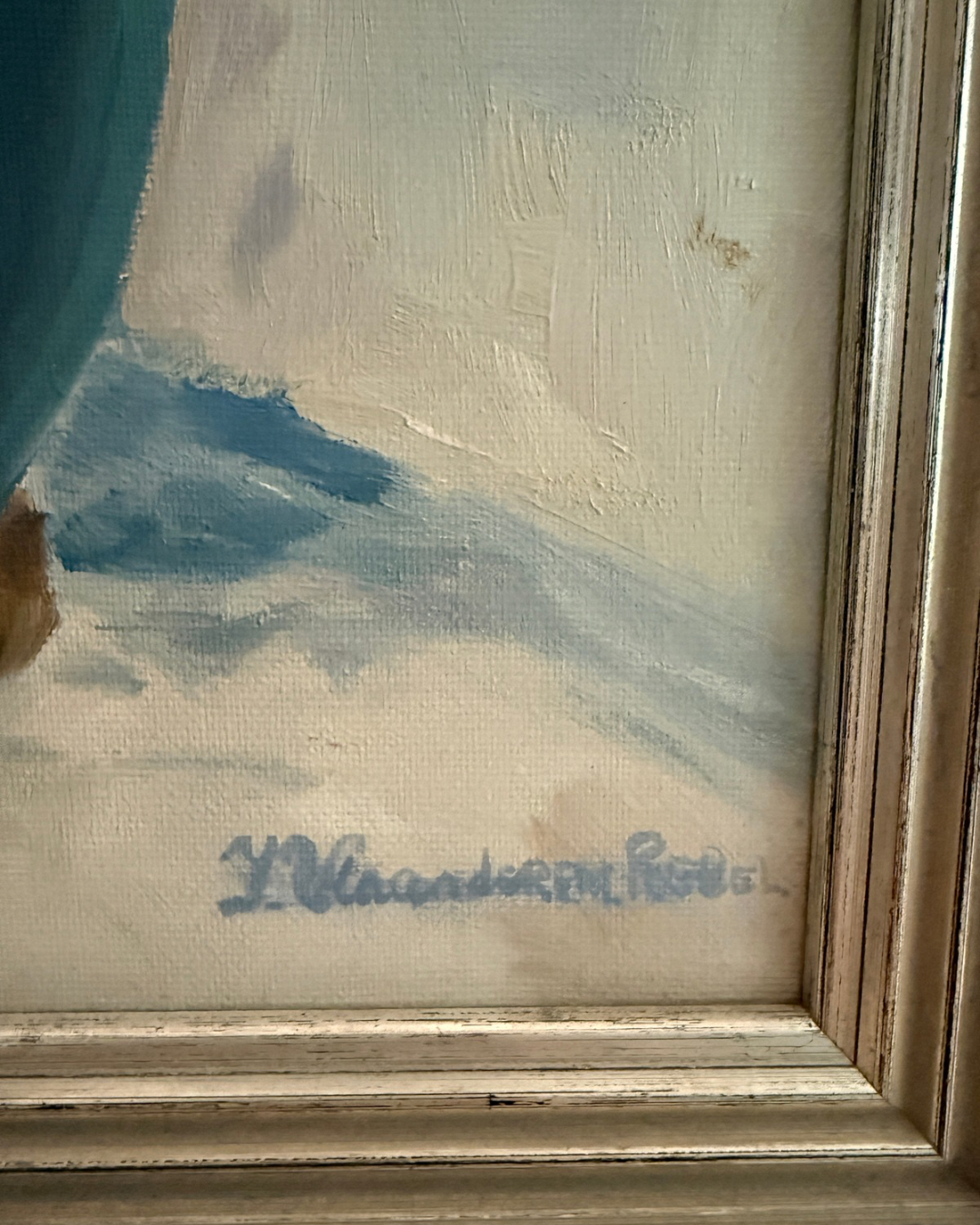 Vintage olieverfschilderij ‘Blauwe vaas met gele theerozen’ | Jannie Vlaanderen-Rebel