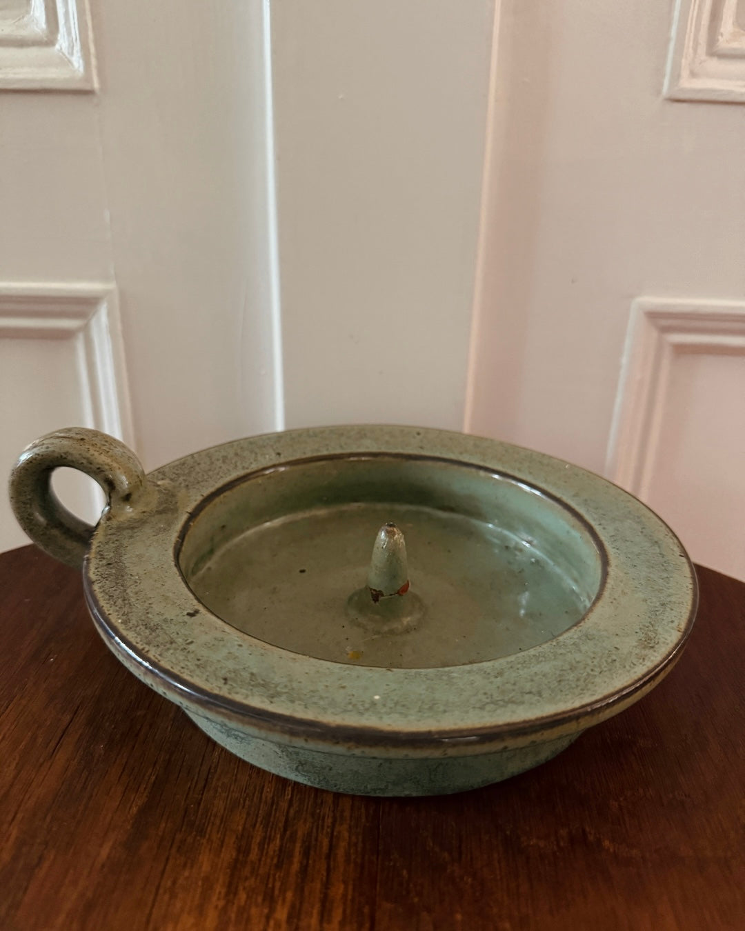 Vintage aardewerken kaarsenhouder groen – Ø 18 cm