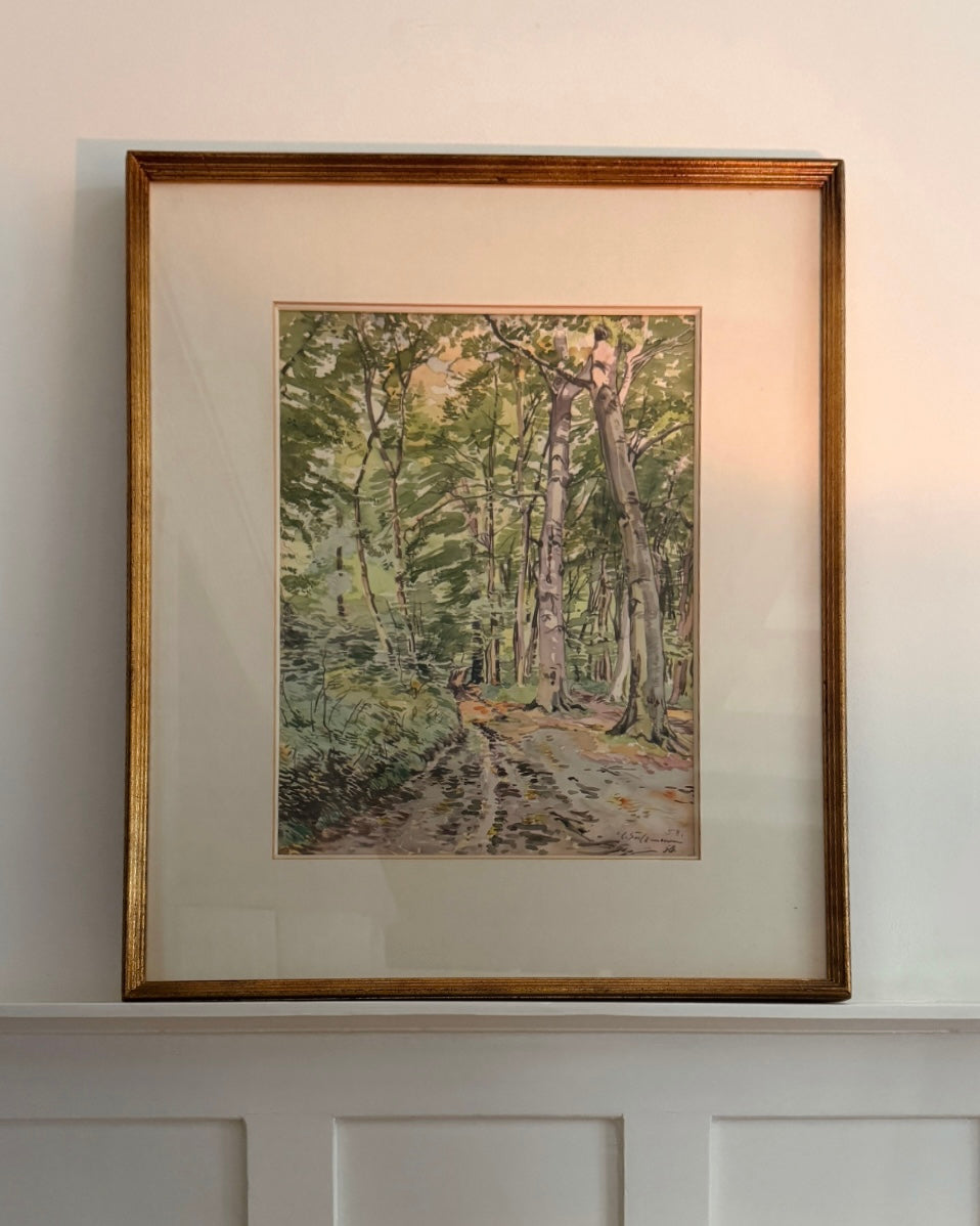 Ingelijste aquarel van boslandschap